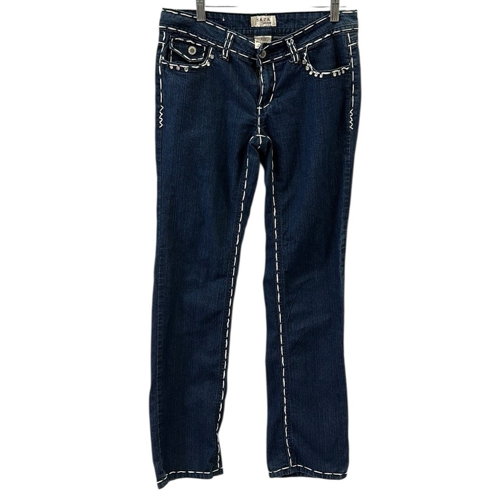 Saza White Stitched Rhinestone Embellished Straight Leg Blue Jeans Juniors 7